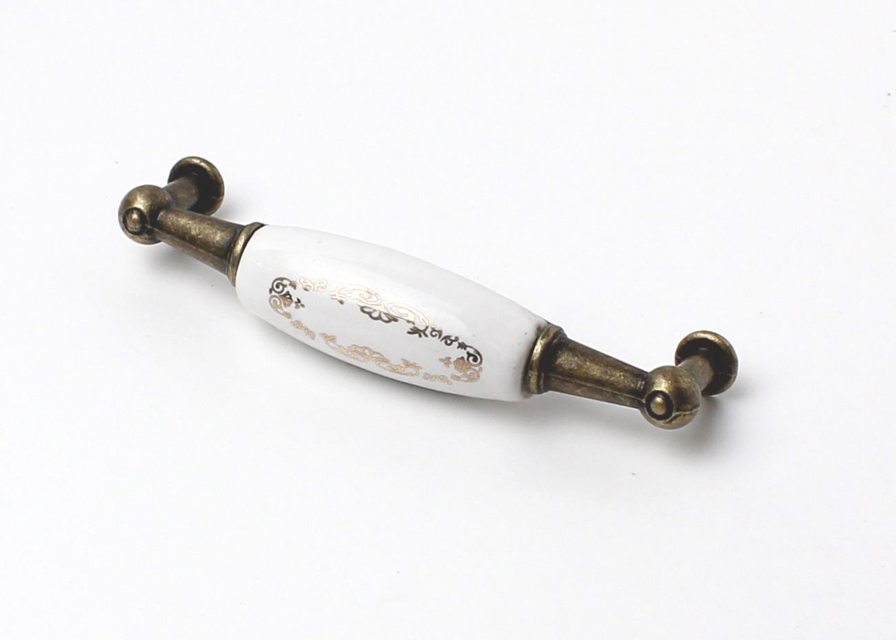 81036 - úchytka 96mm staromosaz/porcelán bílý / zlatý ornament