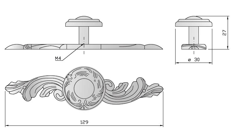 91089 - Knopka 30mm se štítem 129mm,rustikální, staromosaz