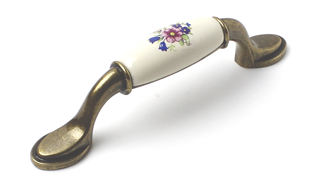 91454- úchytka 96mm staromosaz/porcelán kytka